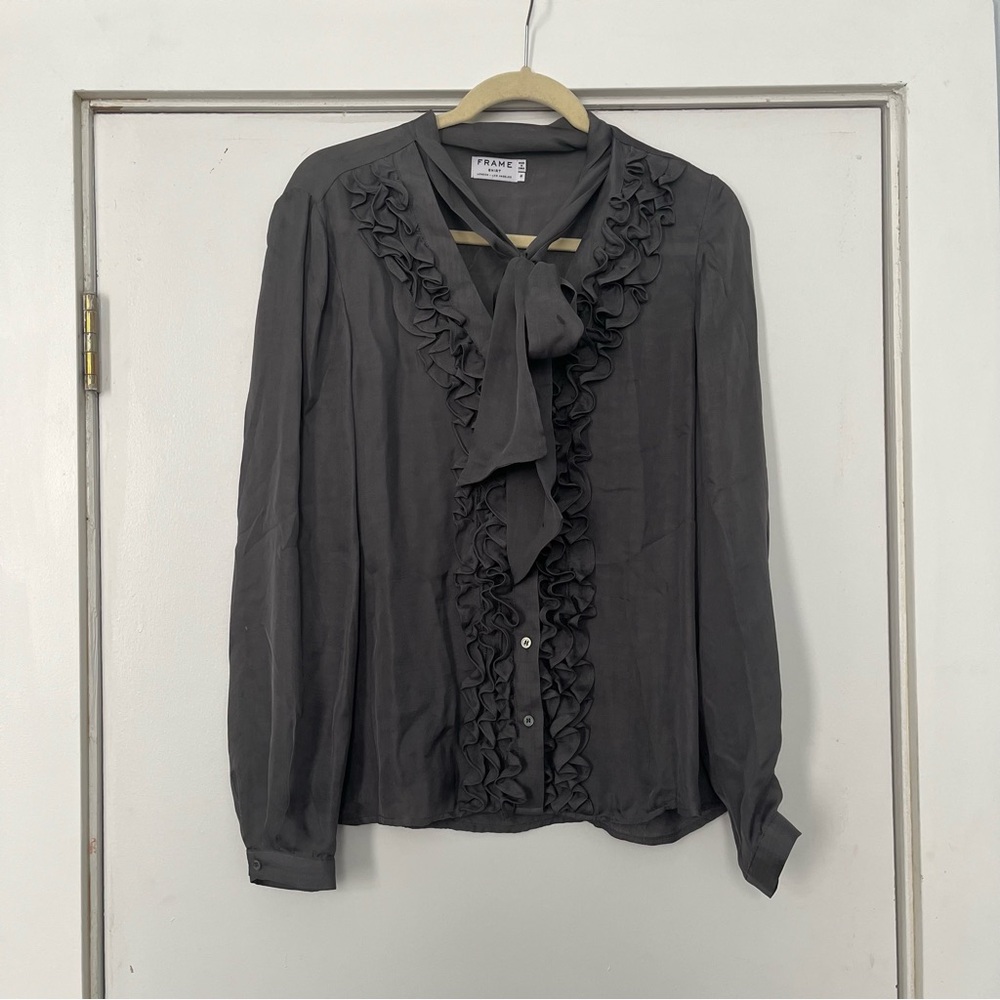 Frame Gray Ruffled Long Sleeve Silk Chiffon Blouse Bow STAINS women size medium